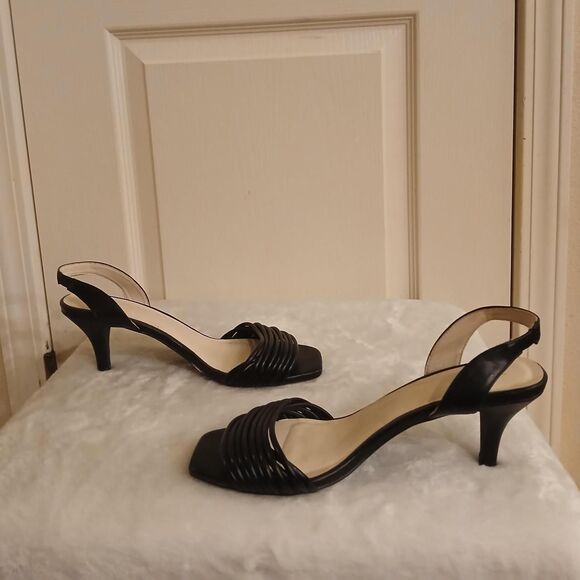 Halston Hong Kong Black Sling Back Strappy Square Toe Kitten Heel Sandals 9 - Picture 5 of 8